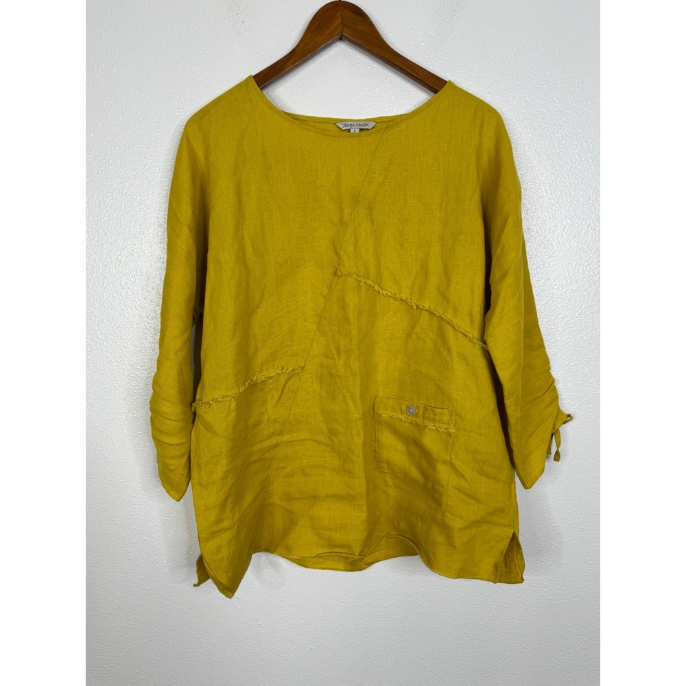 John Mark Yellow 100% Linen Tunic Top Button Back Ruched Tie Sleeve Small